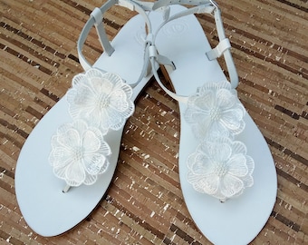 Wedding white sandals, Greek leather sandals, White decorated lace flowers sandals, Bridal shoes, Summer wedding shoes, Beach party sandals