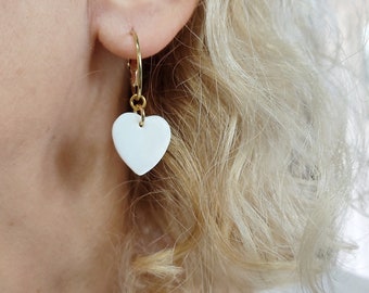 Gold hoop with dangle shell heart earrings, Heart gold hoops, Everyday jewelry, Heart jewelry, Gold and white earrings, Gift for her