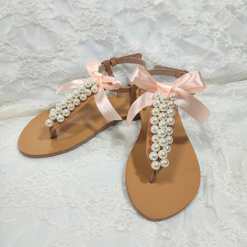 Wedding sandals, Greek leather sandals decorated with ivory pearls and peach satin bow, Bridal party shoes, Pears flats, Bridesmaid sandals image 4