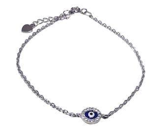 Evil eye sterling silver bracelet, Good luck jewelry, Minimalist jewelry, Adjustable chain bracelet, Gift for her jewelry