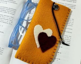Yellow mustard felt eyeglass case Handmade glasses felt case with hearts