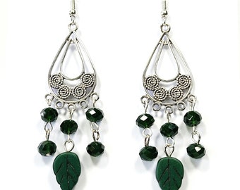 Bohemian chandelier earrings with green beads