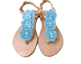 Wedding sandals -Something blue - Greek leather sandals decorated with blue lace flowers - Beach wedding shoes - Bridal party shoes