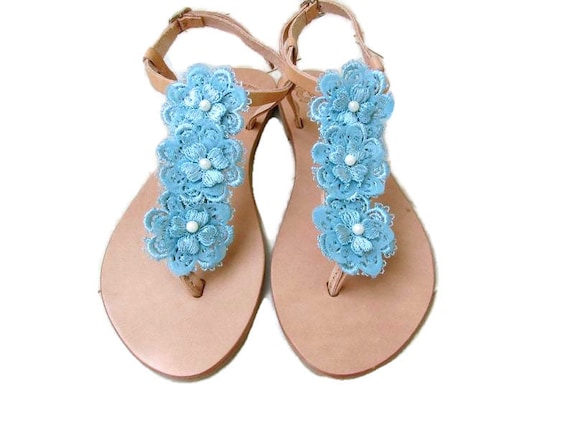 Wedding Sandals -something Blue Greek Leather Sandals Decorated