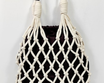 Boho Macrame Net Tote: Handmade Cotton Fishnet Bag with Leather Handles