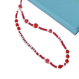 Red phone strap, Phone beaded bracelet, Phone jewelry, Beaded red phone string, Smile phone strap, Phone accessories