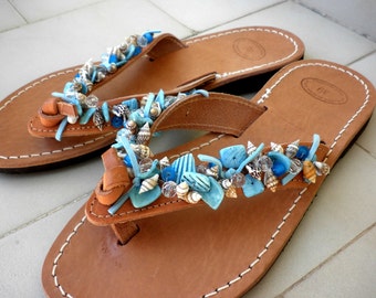 Greek leather sandals with shell beads, Summer flats, Leather sandals, Shell beaded sandals, Blue decorated leather sandals,Summer sandals