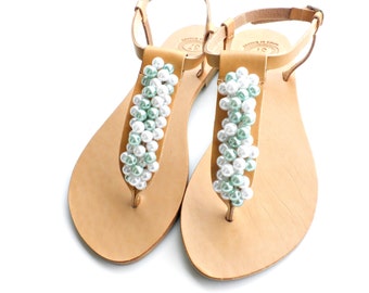 Wedding leather sandals, Pearl sandals, Wedding flats, Bridal sandals, Bridesmaids Summer leather sandals- White teal pearls women flats