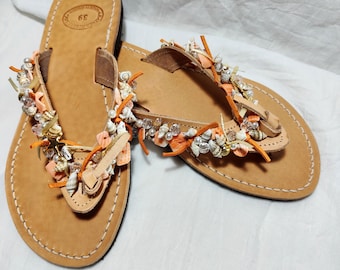 Greek leather decorated sandals with orange shell gold charms, Handmade boho beach flip flops