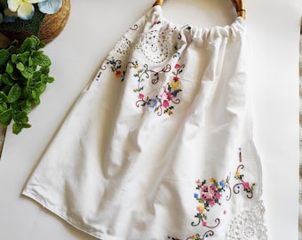 Tote handmade bag from old embroidery tablecloth, Greek upcycled eco friendly gift for her