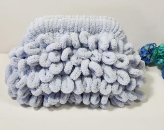 Handmade Fluffy baby blue Knitted Envelope Bag: Girly Cherry Lining