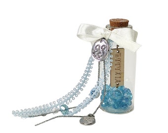 Message in a bottle gouri 2023 with blue beads for good luck Happy new year Greek gouri 23 gift Glass small bottle ornament Protection gift