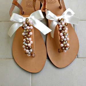Wedding sandals -Pearls sandals - Gold pink pearls and satin bow sandals - Greek leather sandals -Bridesmaids shoes - Beach wedding flats