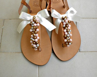 Wedding sandals -Pearls sandals - Gold pink pearls and satin bow sandals - Greek leather sandals -Bridesmaids shoes - Beach wedding flats