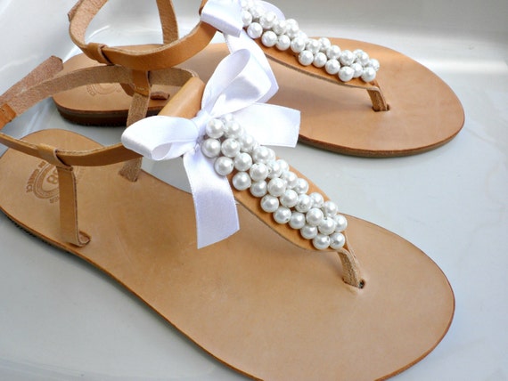 Sandali in pelle da sposa con perle bianche e fiocco bianco | Etsy