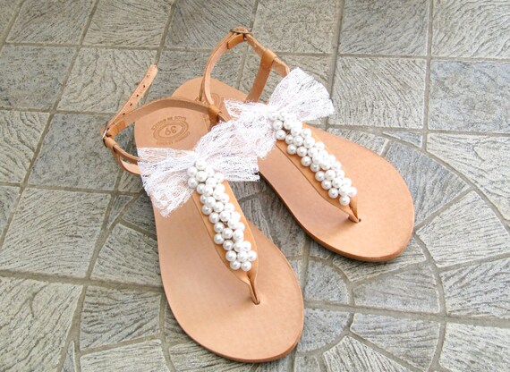 Bruiloft sandalen parels sandalen met kant strik bruidssandalen