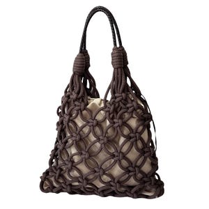 Handmade Brown macrame net bag with handles, Boho fishnet summer bag, Handmade macrame tote bag, Cotton rope shoulder bag, Beach net bag