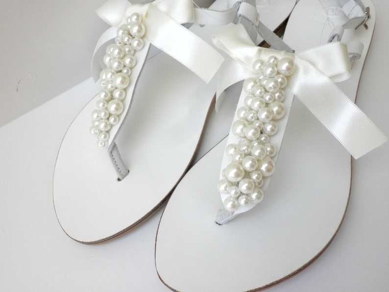 Wedding white sandals with ivory pearls and satin bow, White Greek sandals with ivory pearls, Bridal white flats /Bridesmaid shoes image 6