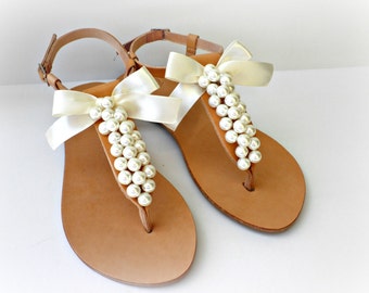 Wedding leather pearl sandals, Greek sandals with ivory pearls and satin bow, Bridal party shoes, Ivory women flats, Bridesmaid sandals