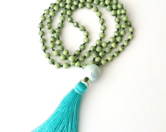 Green howlite necklace with turquoise tassel, Mala handknotted necklace, Long necklace with tassel, Rosary green necklace, Beaded Necklace