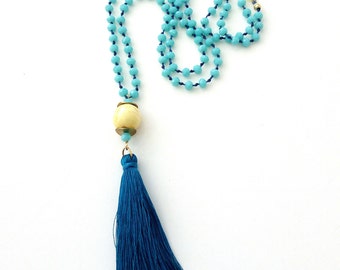 Blue tassel beaded necklace Boho blue and yellow necklace with tassel Rosary necklace Long beaded necklace Bohemian jewelry Gift for her