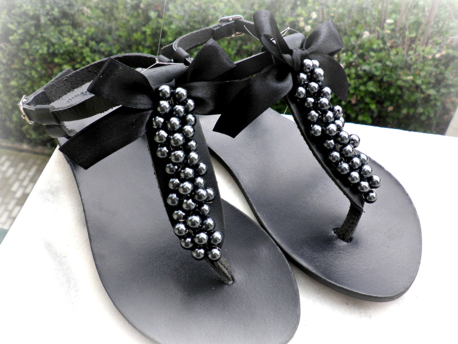 Black sandals, Decorated sandals with black pearls black bow, Pearls ...