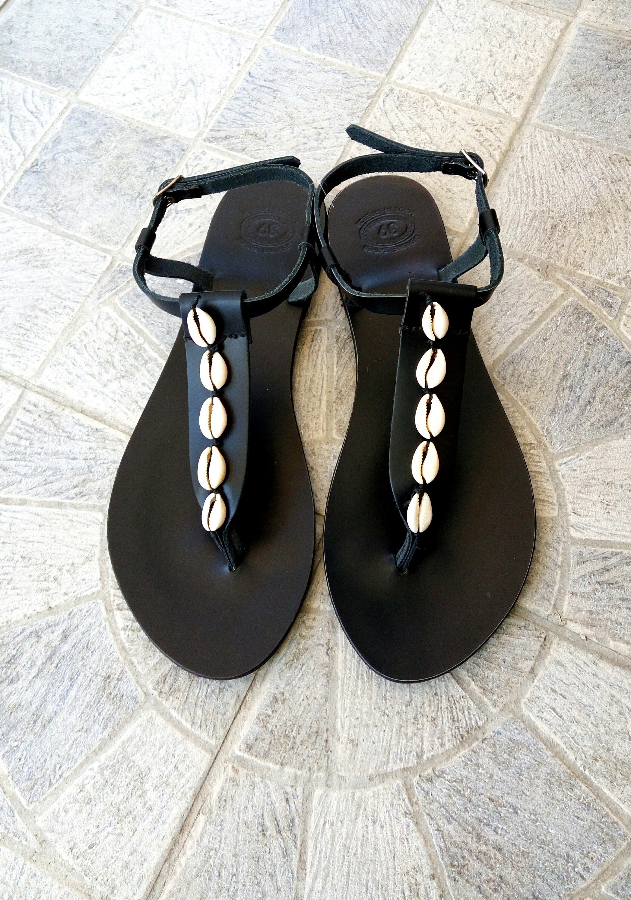 Black sandals with sea shells, Greek leather sandals, Cowrie shells ...