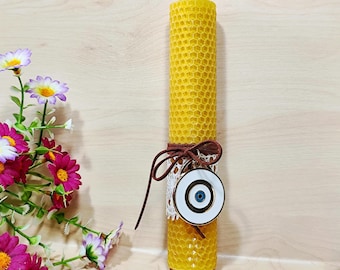 Yellow beeswax candle with evil eye keychain, Orthodox Pascha candle with unique keyring, Greek Easter candle gift, Natural easter candle