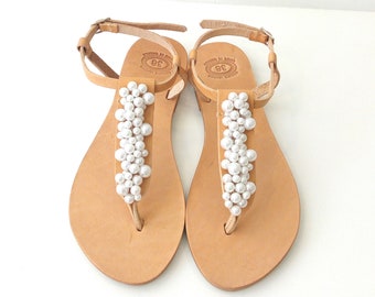 Pearl sandals, Bridal sandals, Wedding sandals, Greek leather sandals, Decorated sandals with white pearls, Beach wedding flats