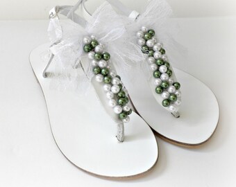 White leather sandals, Wedding leather sandals with a mix of white & green pearls and white lace bow,Summer shoes,Beach wedding,Bridal party