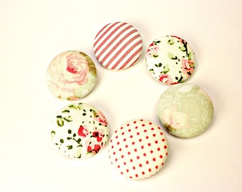 Pink 6 fabric covered buttons 22mm 7/8 inches- Fabric sewing buttons -Floral,strip polka dots fabric buttons-red,pink,green covered buttons