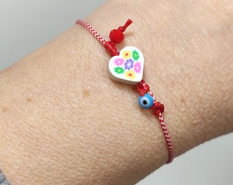 Red white string with flower March bracelet, Greek Martis bracelet, Spring adjustable bracelet, Hello March bracelet, Greek Martis