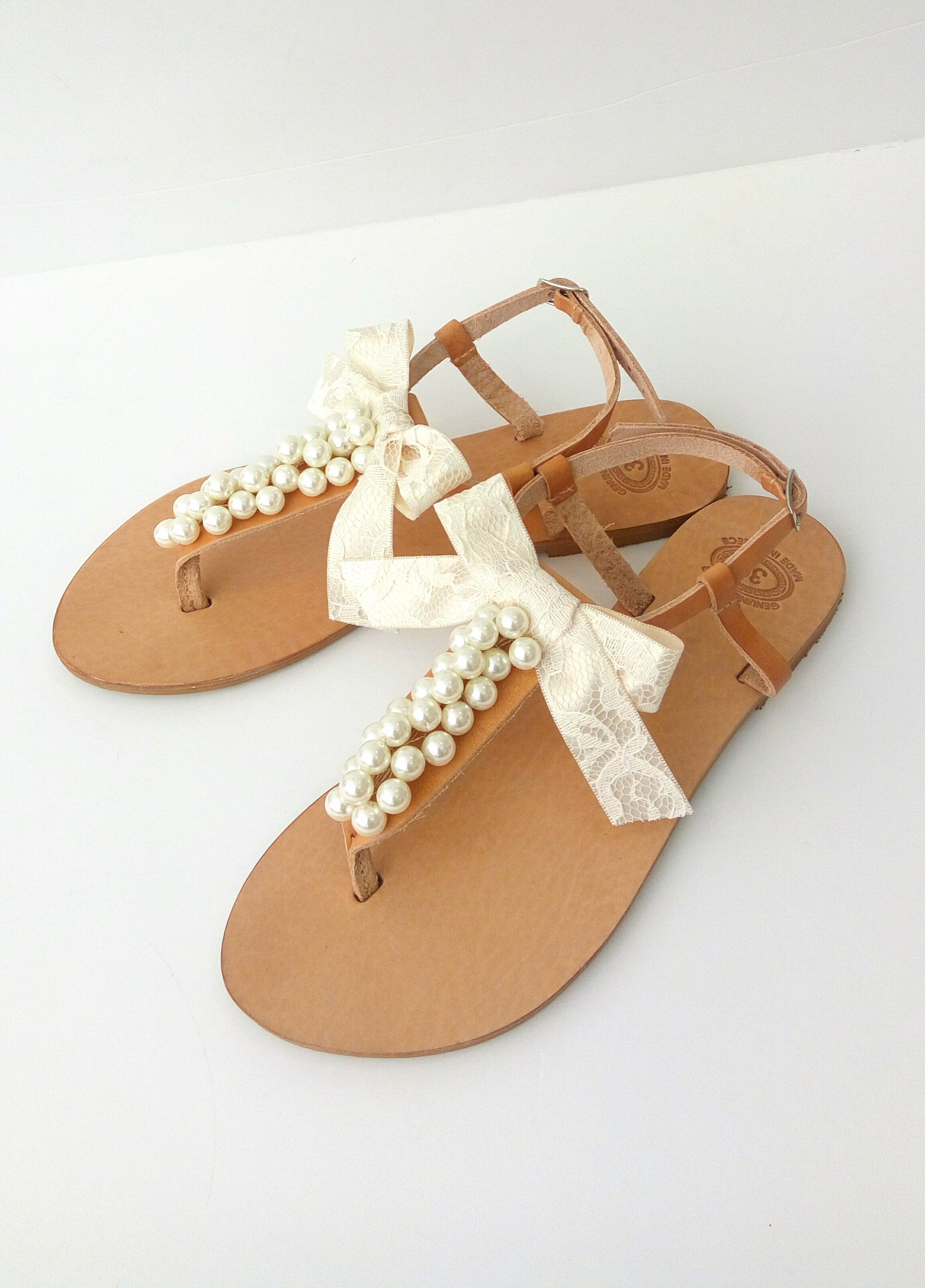 flat leather sandals with pearls