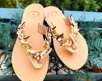 Brown Shell Leather Sandals, Handmade Greek Boho Flip Flops, Gold Seashell Starfish Charms