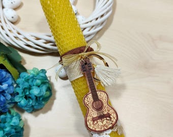 Greek easter lambada with guitar keychain, Orthodox Pascha candle , Boho lambada keychain, Greek Easter yellow natural beeswax candle