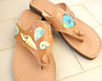 Sale 50% Greek leather sandals, Hand painted with shells and fishes sandals, Summer shoes, Beach flip flops,