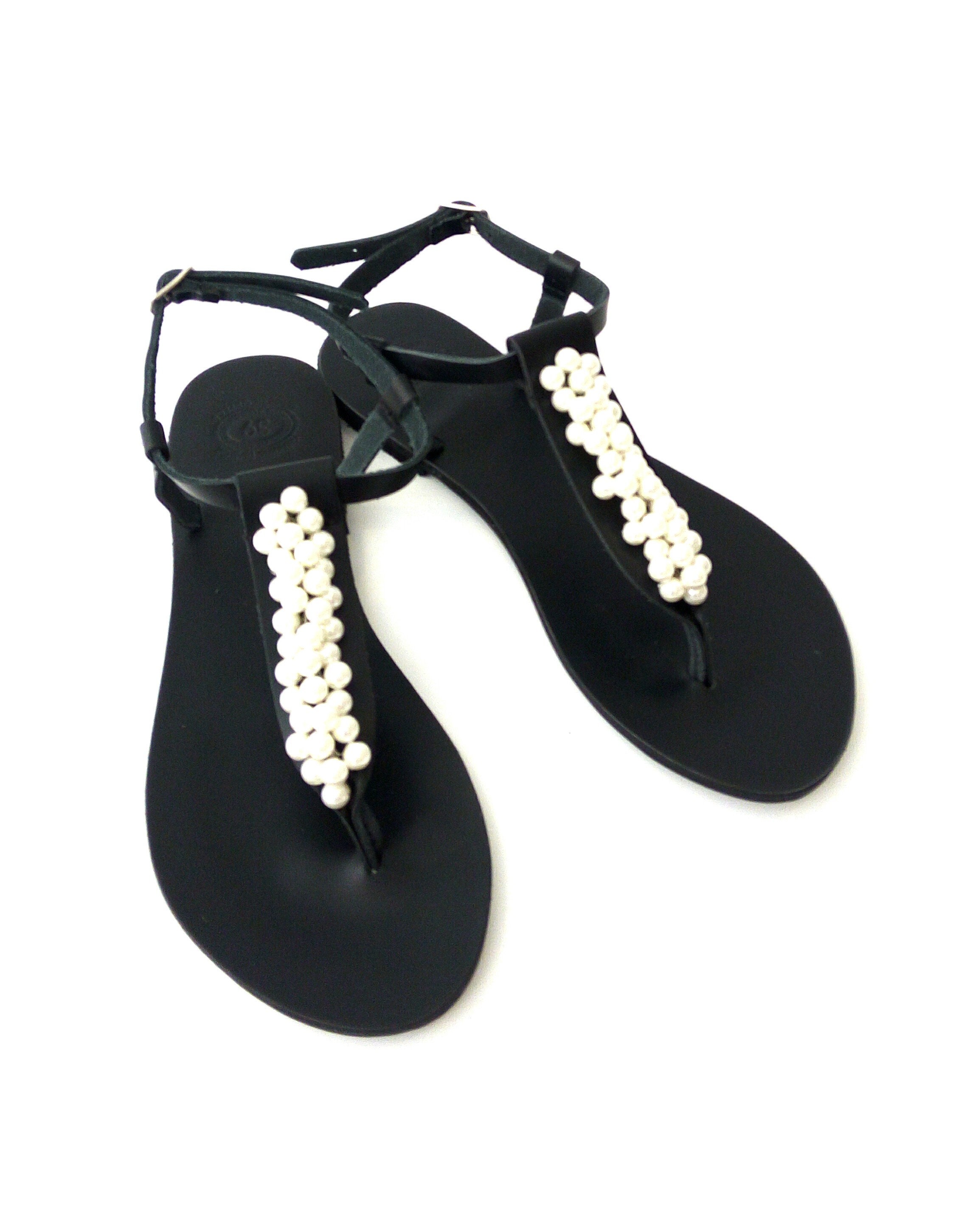 Black leather sandals, Pearl sandals, Greek leather sandals, Beach ...