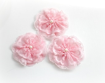 Pink lace flowers with pearls - Fabric flowers - Scrapbooking embellishment - Baby girl pink flower - Headband flowers - Craft supplies diy