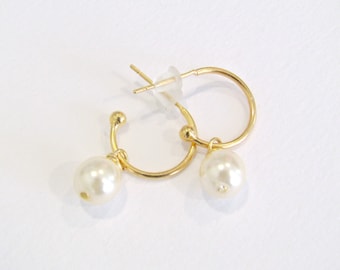 Gold hoop earrings with pearl , Wedding earrings, Pearl earrings, Bridal earrings, Minimalist hoops, Dainty earrings, Hoop dange earrings