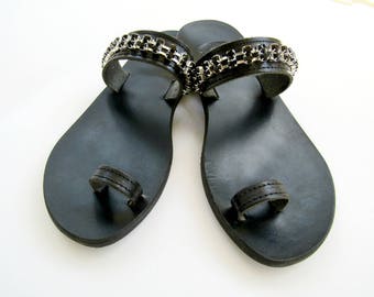 Black sandals, Black rhinestones chain, Greek sandals, Toe ring sandals, Handmade sandals, Summer shoes, Beach flats, Ancient sandals