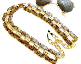 Sunglasses large chain, Glasses necklace, Sunglasses acrylic gold chain, Brown leopard acrylic sunglasses chain, Laces for sunglasses