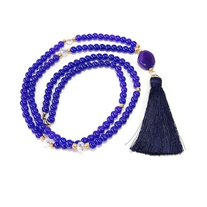 Blue long necklace with tassel, Blue Beaded Necklace, Handcrafted Jewelry, Dangle Bead Necklace, Artisanal Jewelry, Ocean-Inspired Necklace