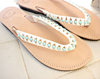 Wedding sandals - Greek leather sandals - Turquoise rhinestone sandals -Bridesmaids sandals -Beach flip flops with rhinestones