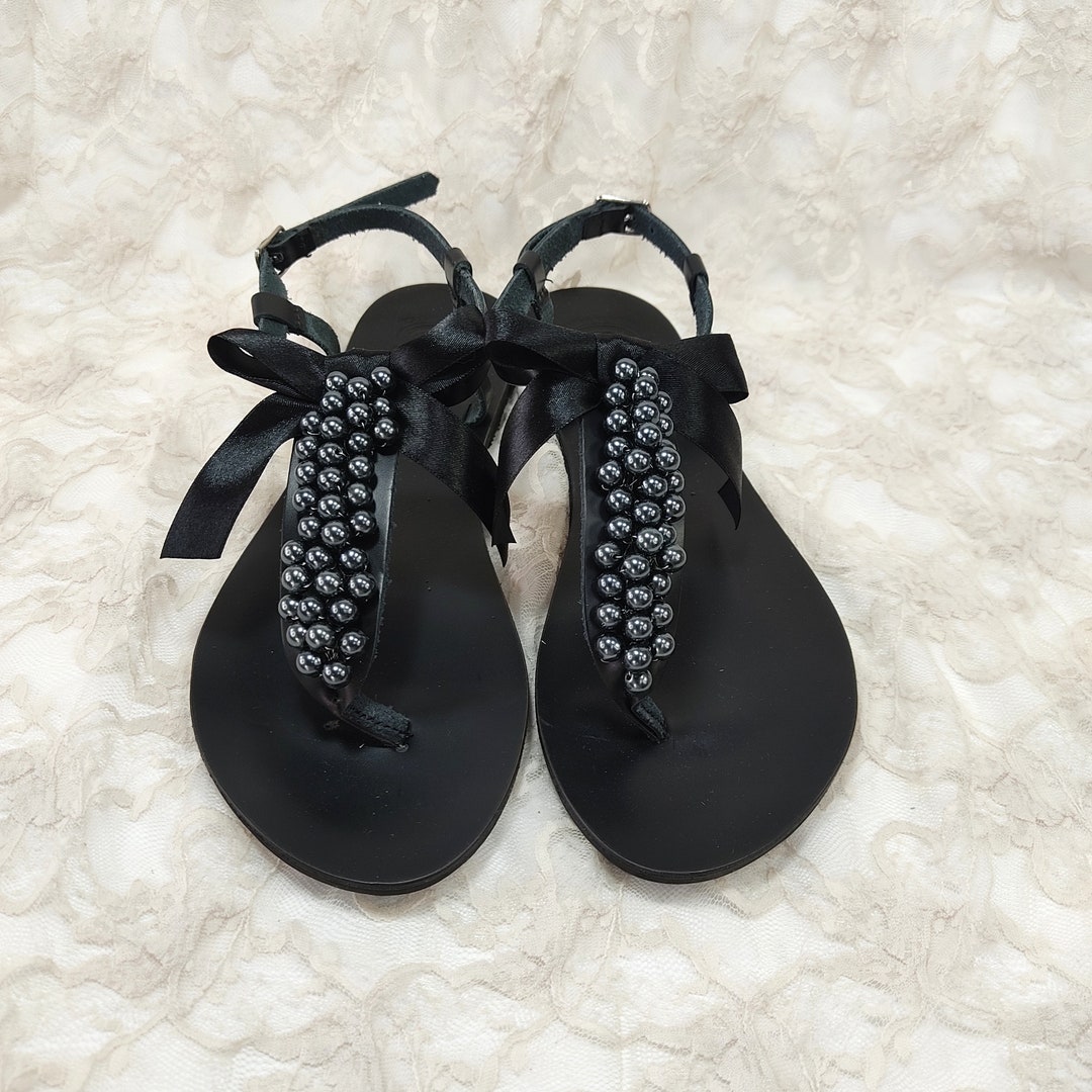 Buy Black Sandals, Decorated Sandals With Black Pearls Black Bow, Pearls  Shoes, Greek Sandals,beach Party, Summer Shoes, Elegant Black Sandals  Online