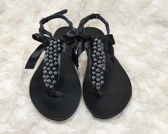 Black sandals, Decorated sandals with black pearls black bow, Pearls shoes, Greek sandals,Beach party, Summer shoes, Elegant black sandals