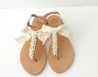 Wedding sandals withe ivory pearls and lace bow, Bridal pearl sandals, Greek leather sandals, Beach wedding shoes, Summer wedding shoes