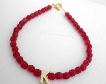 Initial letter bracelet -Red beaded gold initial bracelet  -Tiny gold letter bracelet -Personalized bracelet -Gold letter beaded bracelet