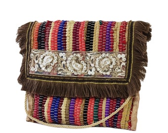 Τσάντα κουρελού με καφέ κρόσια / Boho Greek kilim bag