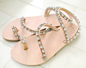 Rhinestone decorated leather sandals/ Wedding sandals/ Bridesmaids sandals /Greek leather toe ring sandals/ Summer Women 's leather sandals