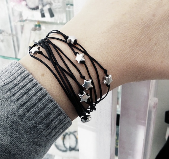 Silver Star Multi Strand Bracelet, Black Cord, Adjustable - Etsy